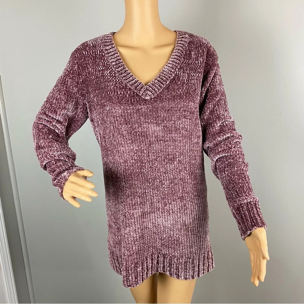 Orvis Womens Large Chenille Velvet Pullover Sweater Mauve Pink Velour V Neck